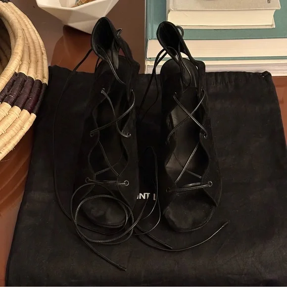 Saint Laurent Babies Black Lace-Up Suede Sandals 37.5 - Picture 2 of 6
